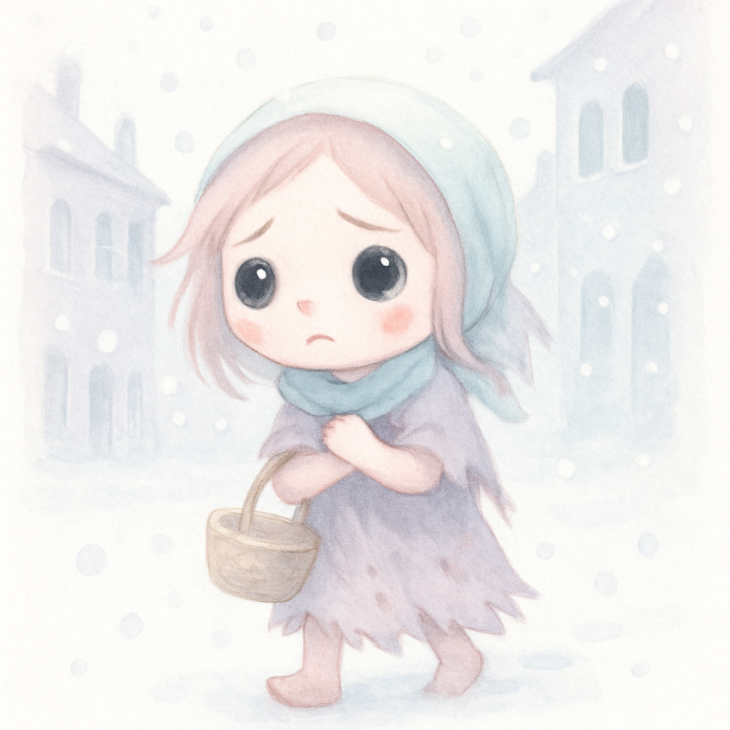 눈 내리는 추운 겨울 거리를 걷는 외투 없는 작은 소녀